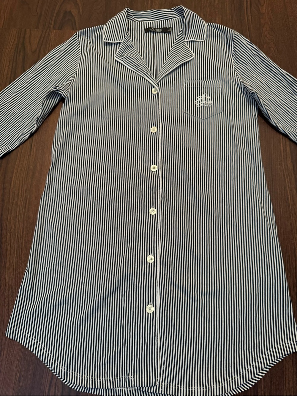 RALPH LAUREN Striped Button-Front Pajama Cotton Sleep Shirt- Navy & White- NEW